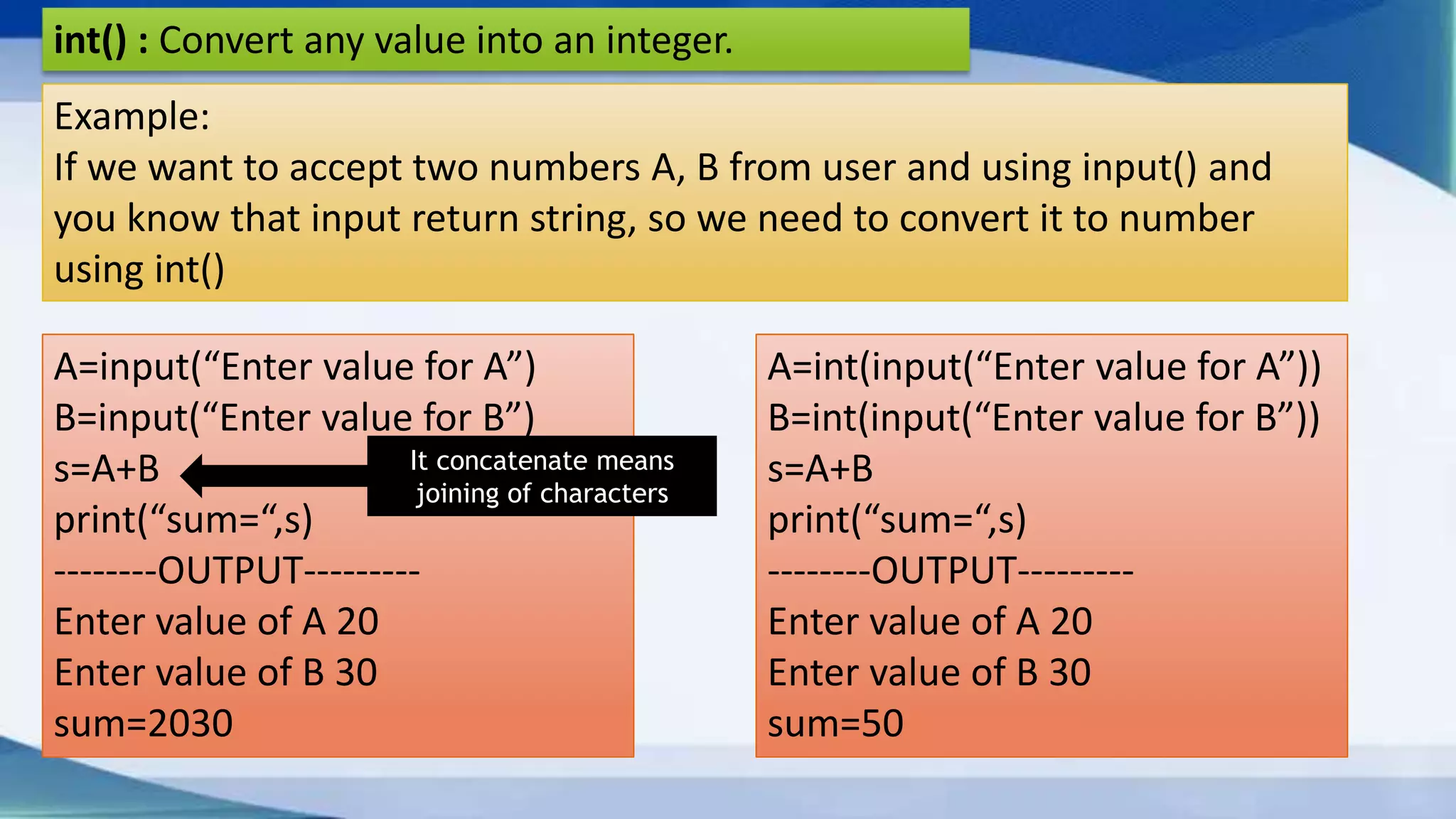 int() : Convert any value into an integer. Example: If we want to accept two numbers A, B from user and using input() and you know that input return string, so we need to convert it to number using int() A=int(input(“Enter value for A”)) B=int(input(“Enter value for B”)) s=A+B print(“sum=“,s) --------OUTPUT--------- Enter value of A 20 Enter value of B 30 sum=50 A=input(“Enter value for A”) B=input(“Enter value for B”) s=A+B print(“sum=“,s) --------OUTPUT--------- Enter value of A 20 Enter value of B 30 sum=2030 It concatenate means joining of characters 
