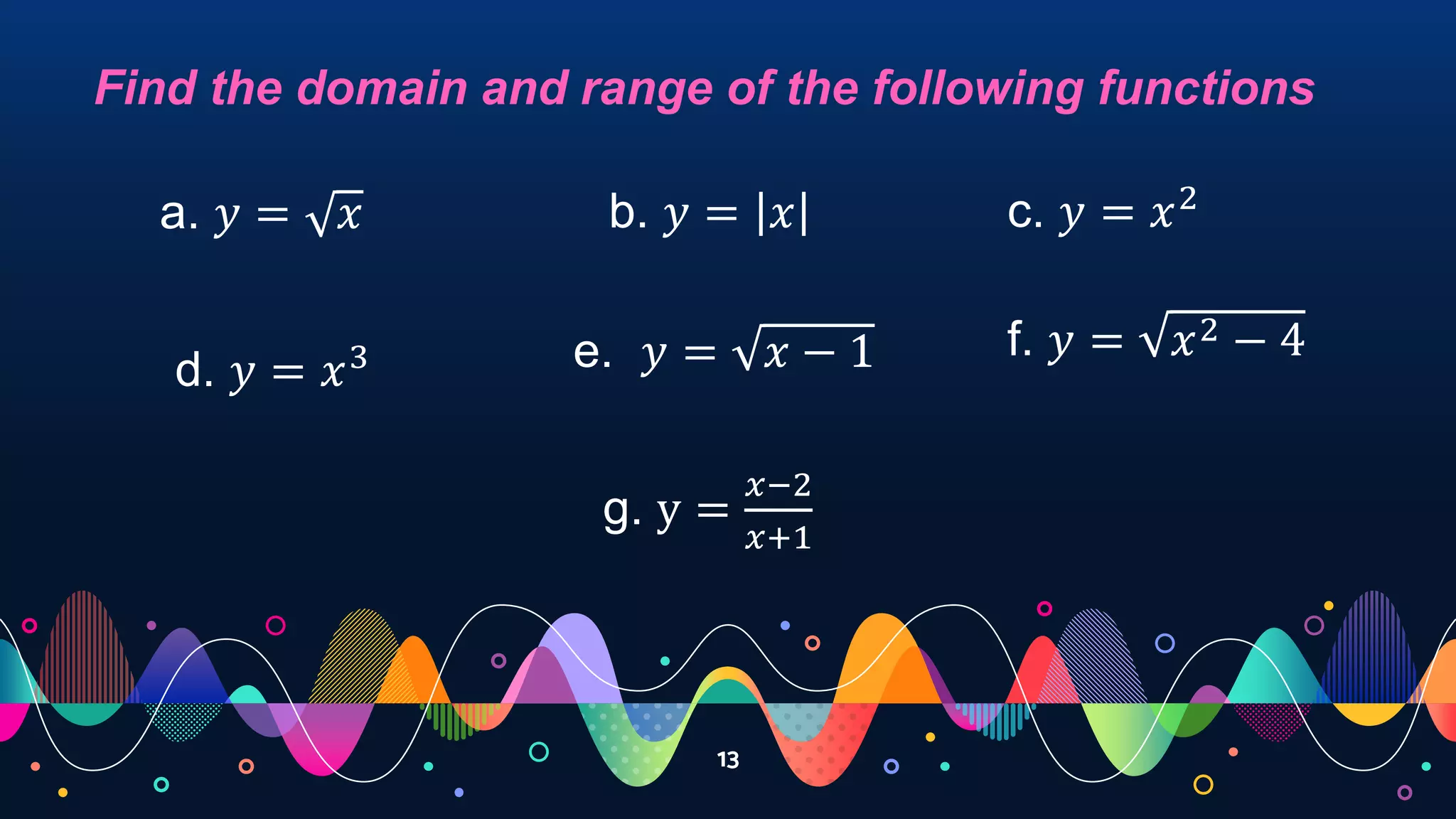 13
Find the domain and range of the following functions
a. 𝑦 = 𝑥
e. 𝑦 = 𝑥 − 1
g. y =
𝑥−2
𝑥+1
b. 𝑦 = 𝑥 c. 𝑦 = 𝑥2
d. 𝑦 = 𝑥3 f. 𝑦 = 𝑥2 − 4
 