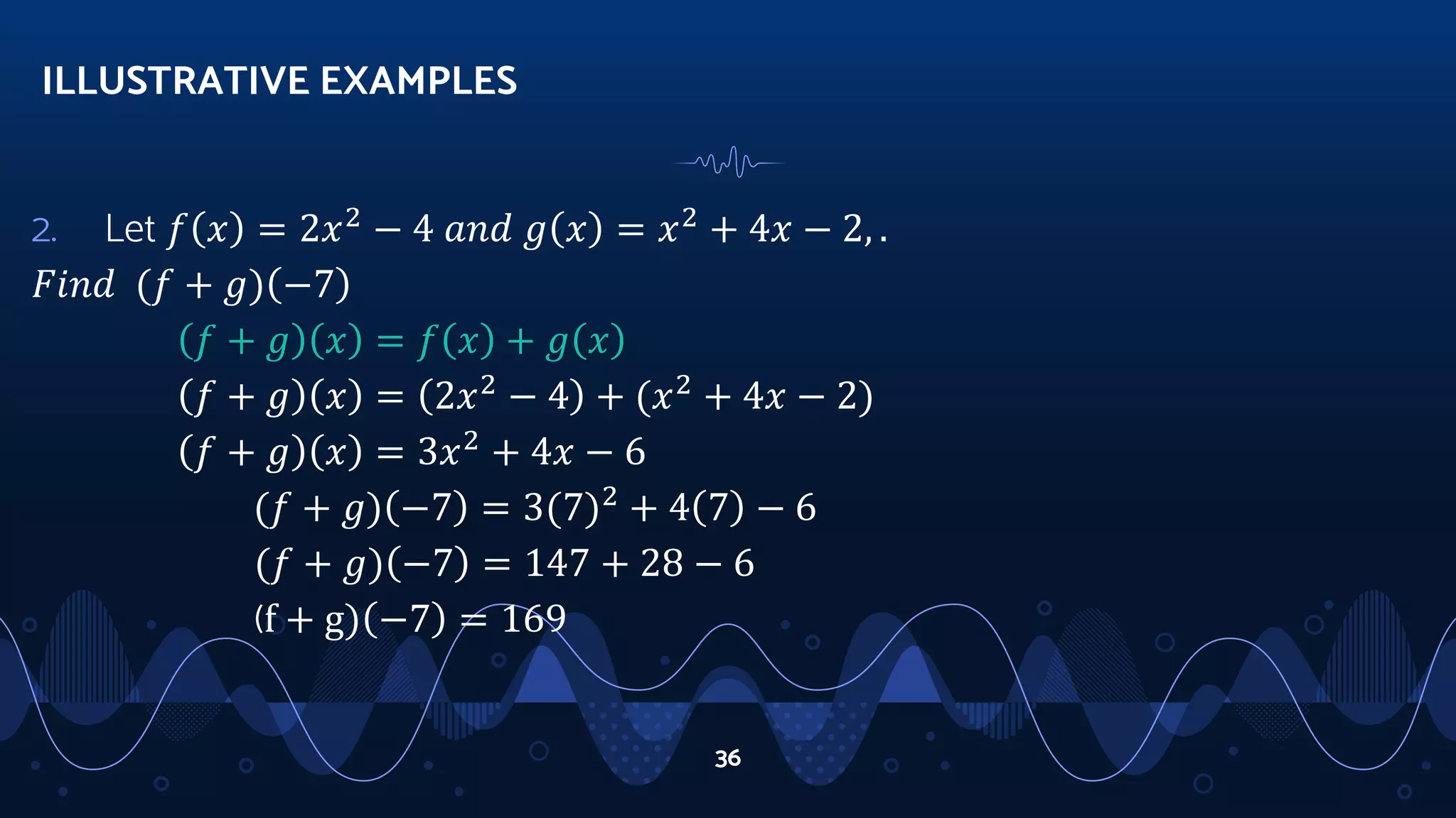 2. Let 𝑓 𝑥 = 2𝑥2
− 4 𝑎𝑛𝑑 𝑔 𝑥 = 𝑥2
+ 4𝑥 − 2, .
𝐹𝑖𝑛𝑑 (𝑓 + 𝑔) −7
𝑓 + 𝑔 𝑥 = 𝑓 𝑥 + 𝑔 𝑥
𝑓 + 𝑔 𝑥 = 2𝑥2
− 4 + (𝑥2
+ 4𝑥 − 2)
𝑓 + 𝑔 𝑥 = 3𝑥2
+ 4𝑥 − 6
(𝑓 + 𝑔) −7 = 3(7)2
+ 4 7 − 6
(𝑓 + 𝑔) −7 = 147 + 28 − 6
(f + g) −7 = 169
ILLUSTRATIVE EXAMPLES
36
 