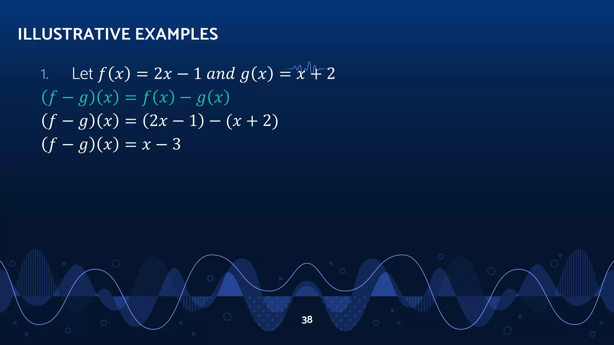 1. Let 𝑓 𝑥 = 2𝑥 − 1 𝑎𝑛𝑑 𝑔 𝑥 = 𝑥 + 2
𝑓 − 𝑔 𝑥 = 𝑓 𝑥 − 𝑔 𝑥
𝑓 − 𝑔 𝑥 = 2𝑥 − 1 − (𝑥 + 2)
𝑓 − 𝑔 𝑥 = 𝑥 − 3
ILLUSTRATIVE EXAMPLES
38
 