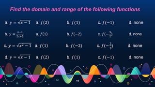 14
Find the domain and range of the following functions
a. 𝑦 = 𝑥 − 1 a. 𝑓 2 b. 𝑓(1) c. 𝑓(−1) d. none
b. 𝑦 =
𝑥−1
2𝑥+5
a. 𝑓 1 b. 𝑓(−2) c. 𝑓(−
5
2
) d. none
c. 𝑦 = 𝑥2 − 1 a. 𝑓 1 b. 𝑓(−2) c. 𝑓(−
2
5
) d. none
d. 𝑦 = 𝑥 − 1 a. 𝑓 2 b. 𝑓(1) c. 𝑓(−1) d. none
 