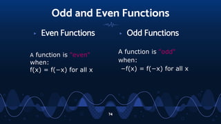 Odd and Even Functions
▹ Even Functions
A function is "even"
when:
f(x) = f(−x) for all x
▹ Odd Functions
A function is "odd"
when:
−f(x) = f(−x) for all x
74
 
