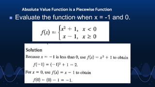 Absolute Value Function is a Piecewise Function
82
◼ Evaluate the function when x = -1 and 0.
 