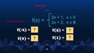 Your turn:
85
f(x) =
2x + 1, x  0
2x + 2, x  0
Evaluate the following:
f(-2) = -3
?
f(0) = 2
?
f(5) = 12
?
f(1) = 4
?
 