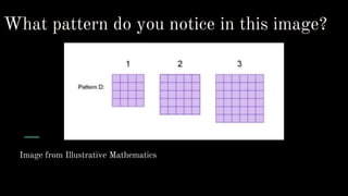 What pattern do you notice in this image?
Image from Illustrative Mathematics
 