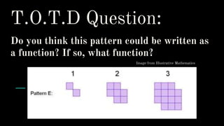 T.O.T.D Question:
Do you think this pattern could be written as
a function? If so, what function?
Image from Illustrative Mathematics
 