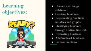 Learning
objectives:
● Domain and Range
relations.
● Creating functions.
● Representing functions
in tables and graphs.
● Identifying functions
through vertical line test.
● Evaluating functions.
● Add/subtract functions
● Inverse functions
 