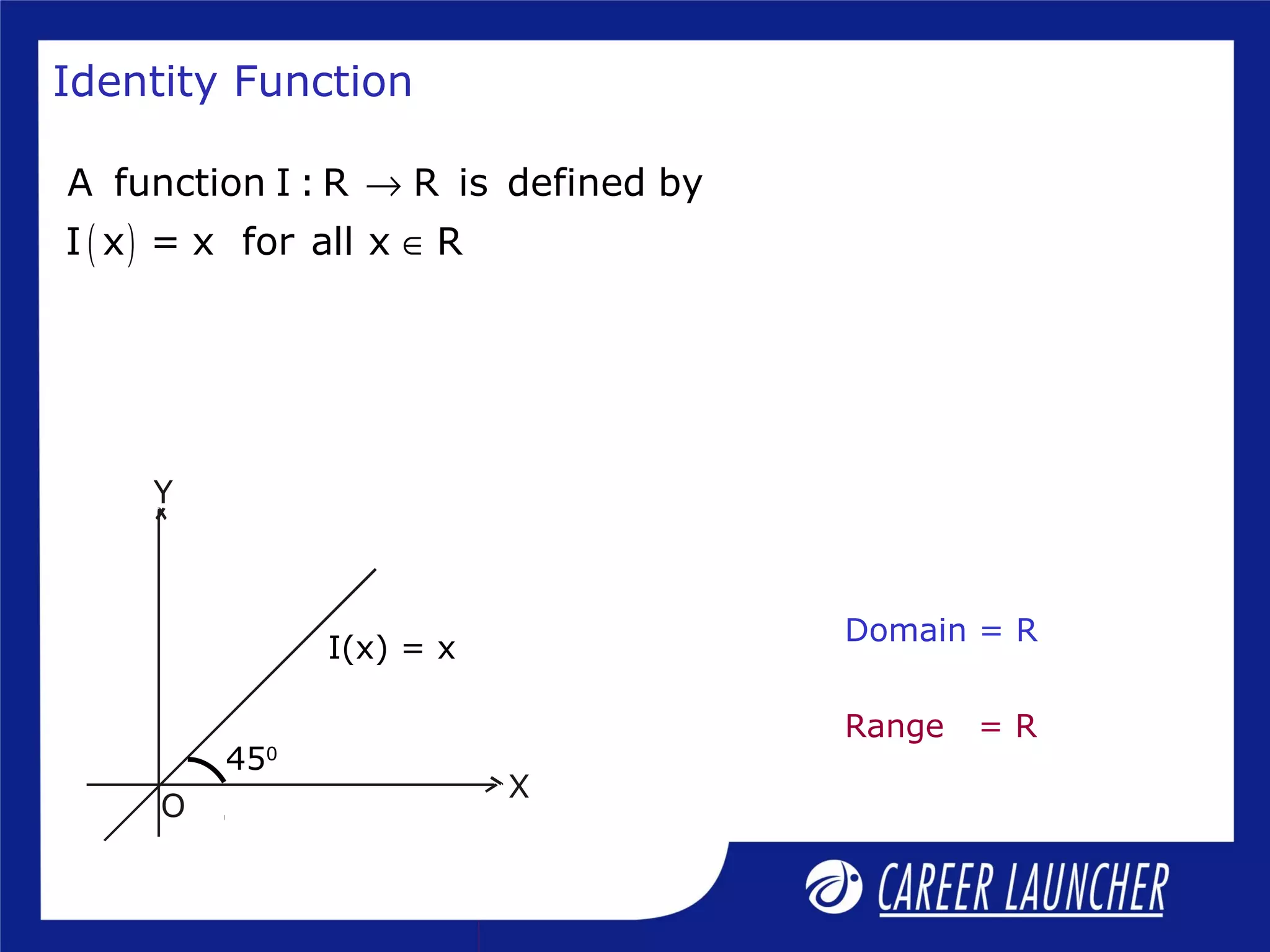 Domain = R
Range = R
Identity Function
( )
A function I : R R is defined by
I x = x for all x R
→
∈
X
Y
O
450
I(x) = x
 