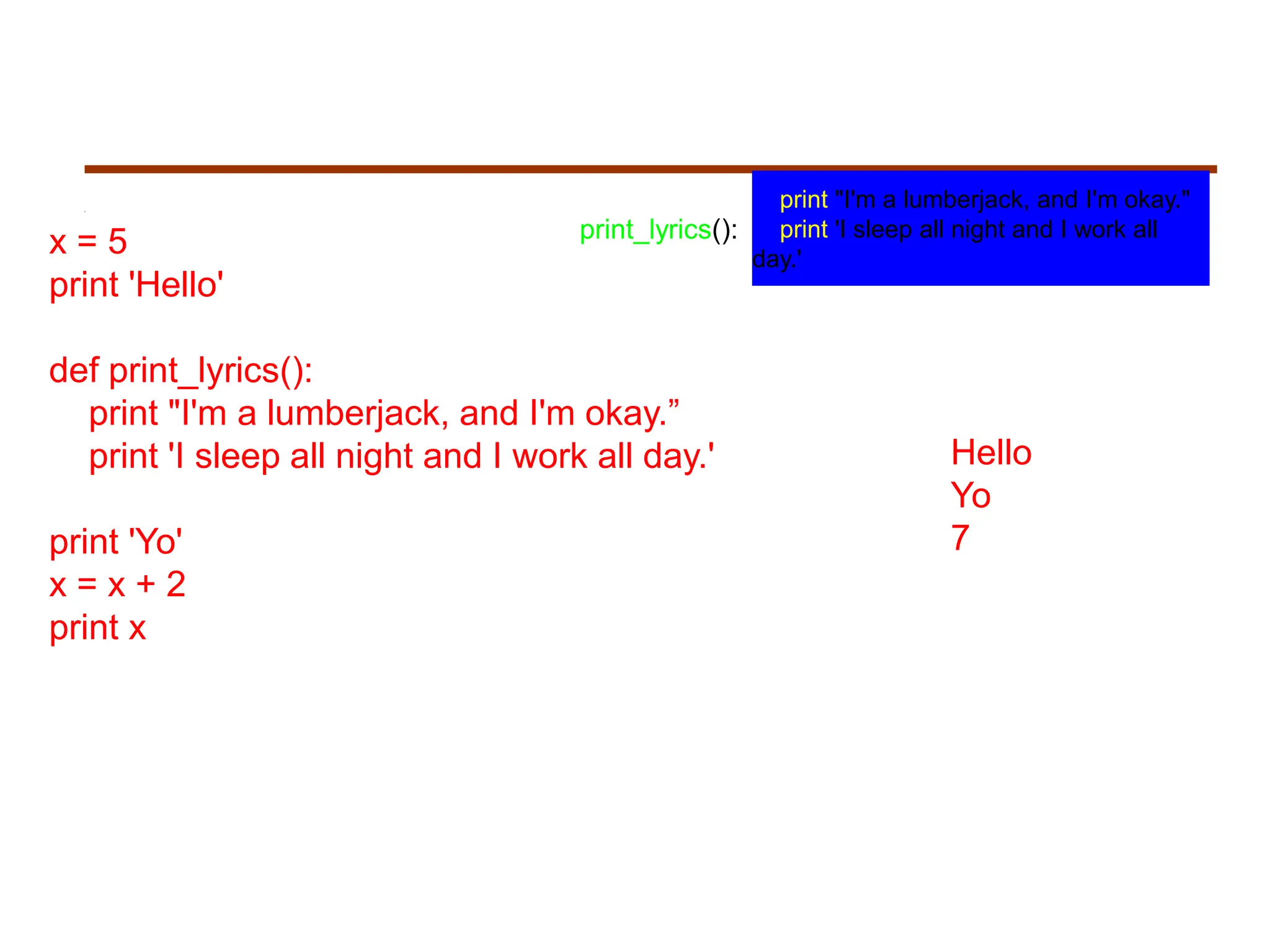 x = 5
print 'Hello'
def print_lyrics():
print "I'm a lumberjack, and I'm okay.”
print 'I sleep all night and I work all day.'
print 'Yo'
x = x + 2
print x
Hello
Yo
7
print "I'm a lumberjack, and I'm okay."
print 'I sleep all night and I work all
day.'
print_lyrics():
 