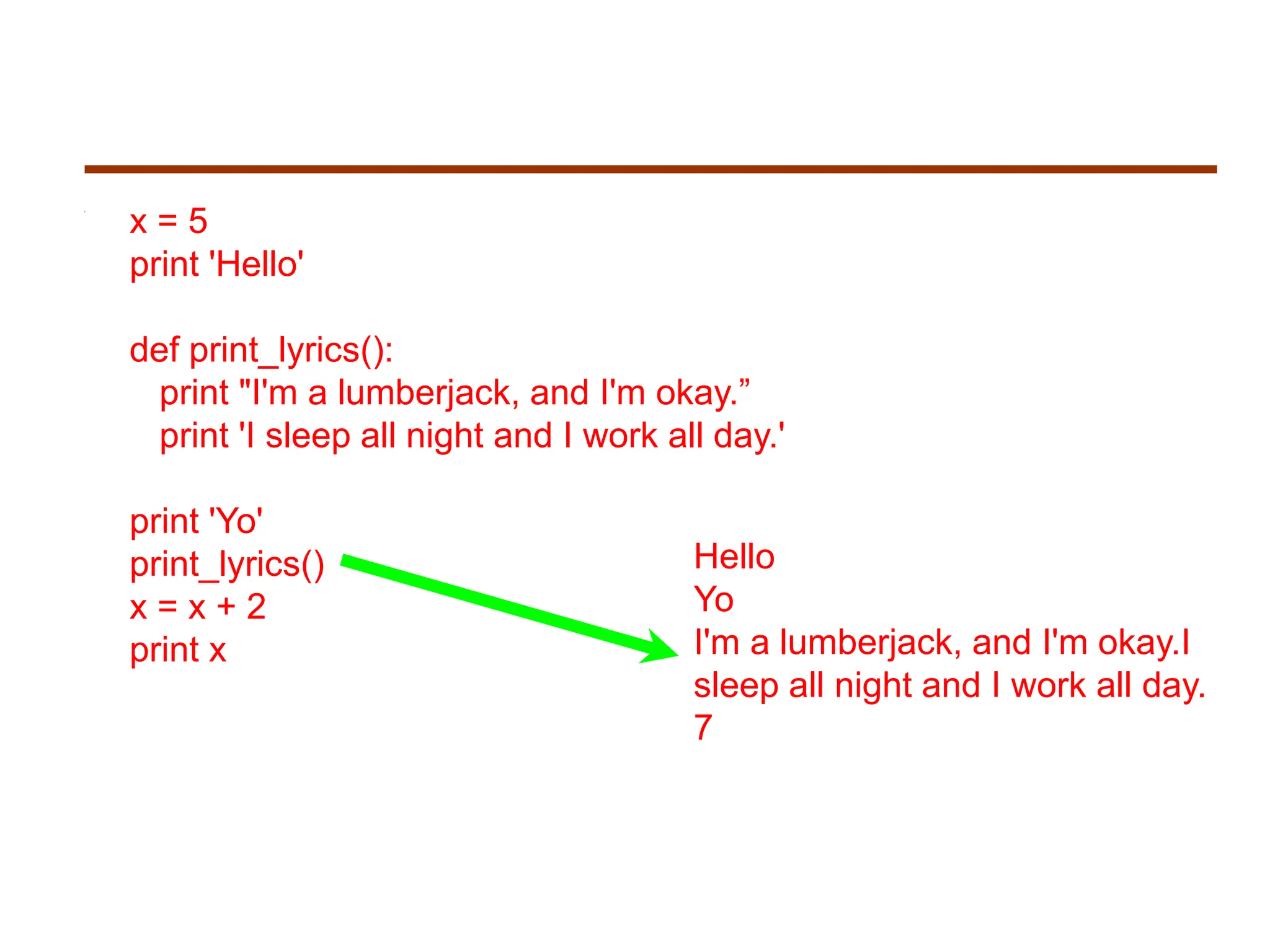 x = 5
print 'Hello'
def print_lyrics():
print "I'm a lumberjack, and I'm okay.”
print 'I sleep all night and I work all day.'
print 'Yo'
print_lyrics()
x = x + 2
print x
Hello
Yo
I'm a lumberjack, and I'm okay.I
sleep all night and I work all day.
7
 