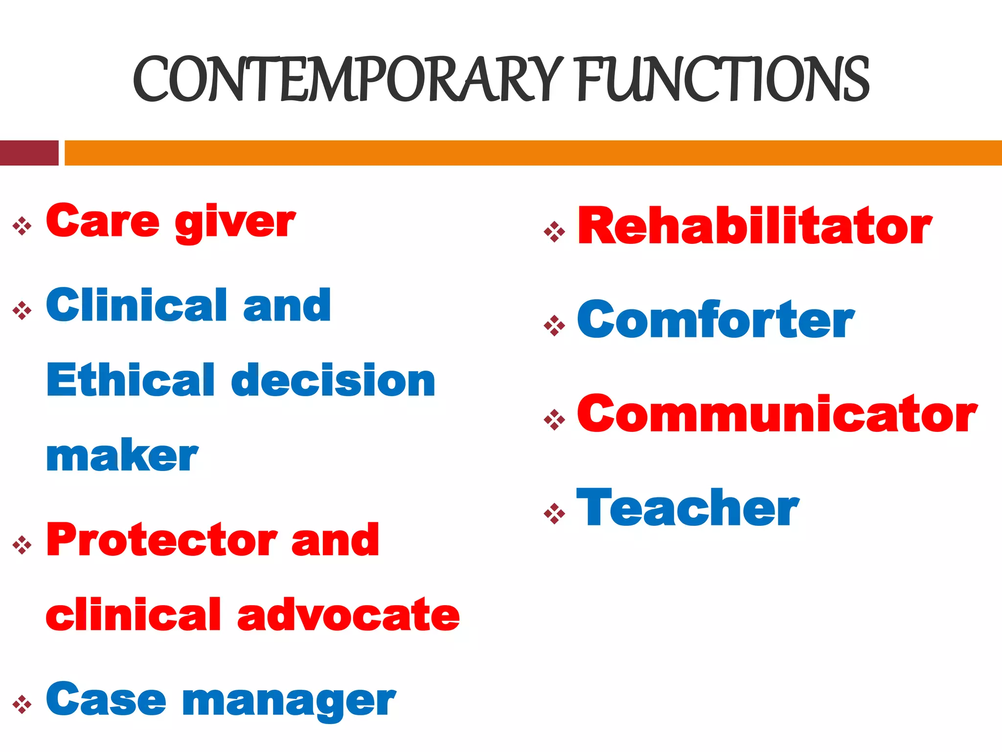 CONTEMPORARY FUNCTIONS
 Care giver
 Clinical and
Ethical decision
maker
 Protector and
clinical advocate
 Case manager
 Rehabilitator
 Comforter
 Communicator
 Teacher
 