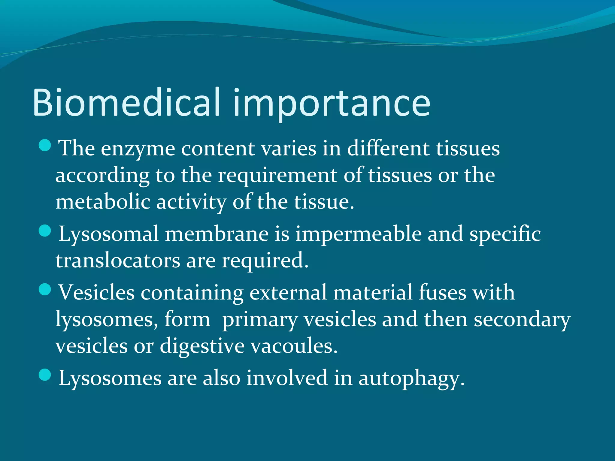 Biomedical importance
The enzyme content varies in different tissues
according to the requirement of tissues or the
metabolic activity of the tissue.
Lysosomal membrane is impermeable and specific
translocators are required.
Vesicles containing external material fuses with
lysosomes, form primary vesicles and then secondary
vesicles or digestive vacoules.
Lysosomes are also involved in autophagy.
 