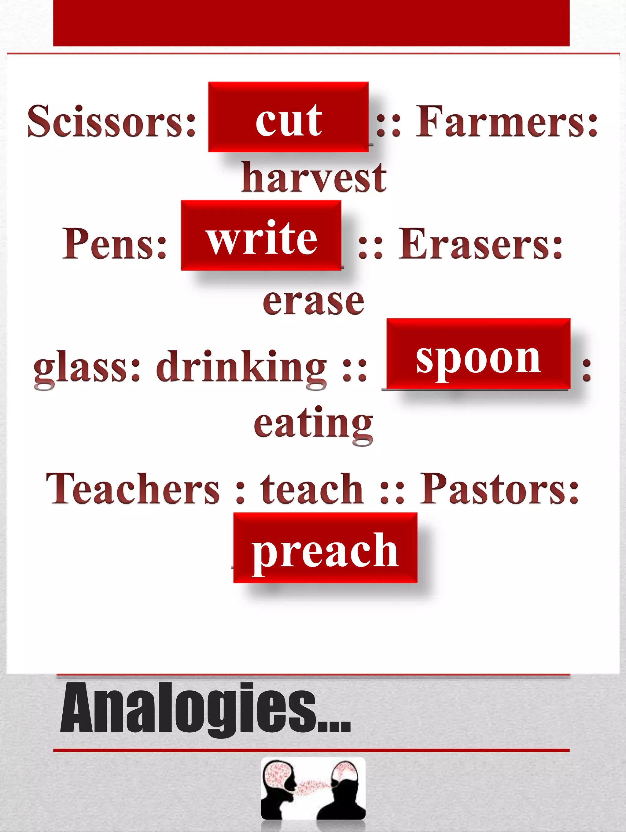 Analogies…
cut
write
spoon
preach