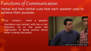 Functions of Communication
Verbal and Non-Verbal cues that each speaker uses to
achieve their purpose.
Eye contact– when a speaker
maintains eye contact with his or her
listeners, he or she gives the
impression of being serious about
what is being discussed.
 
