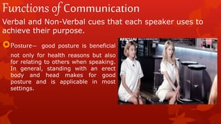 Functions of Communication
Verbal and Non-Verbal cues that each speaker uses to
achieve their purpose.
Posture– good posture is beneficial
not only for health reasons but also
for relating to others when speaking.
In general, standing with an erect
body and head makes for good
posture and is applicable in most
settings.
 