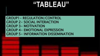 “TABLEAU”
GROUP1- REGULATION/CONTROL
GROUP 2- SOCIAL INTERACTION
GROUP 3- MOTIVATION
GROUP 4- EMOTIONAL EXPRESSION
GROUP 5- INFORMATION DISSEMINATION
 