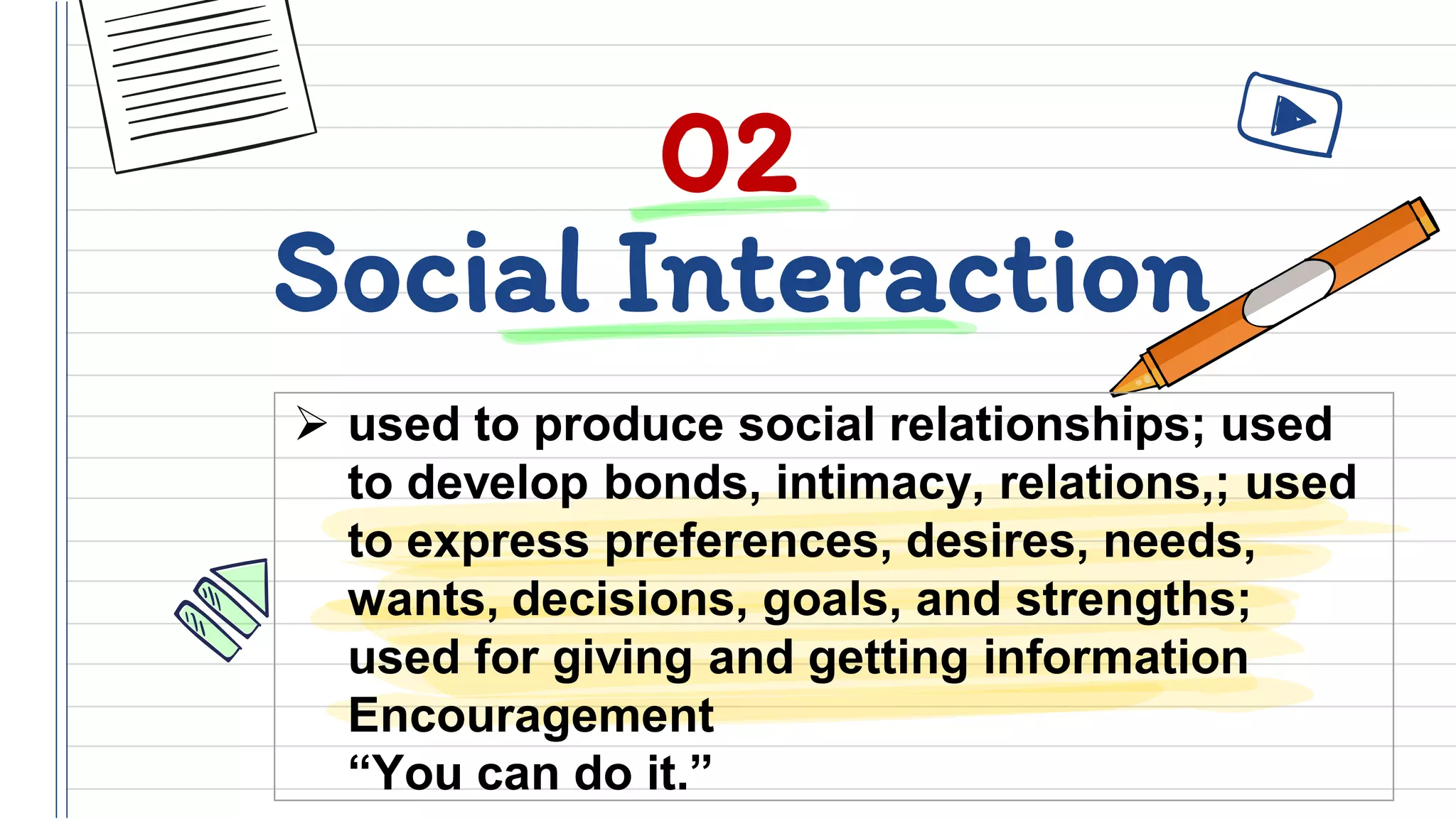 Social Interaction
02
➢ used to produce social relationships; used
to develop bonds, intimacy, relations,; used
to express preferences, desires, needs,
wants, decisions, goals, and strengths;
used for giving and getting information
Encouragement
“You can do it.”
 