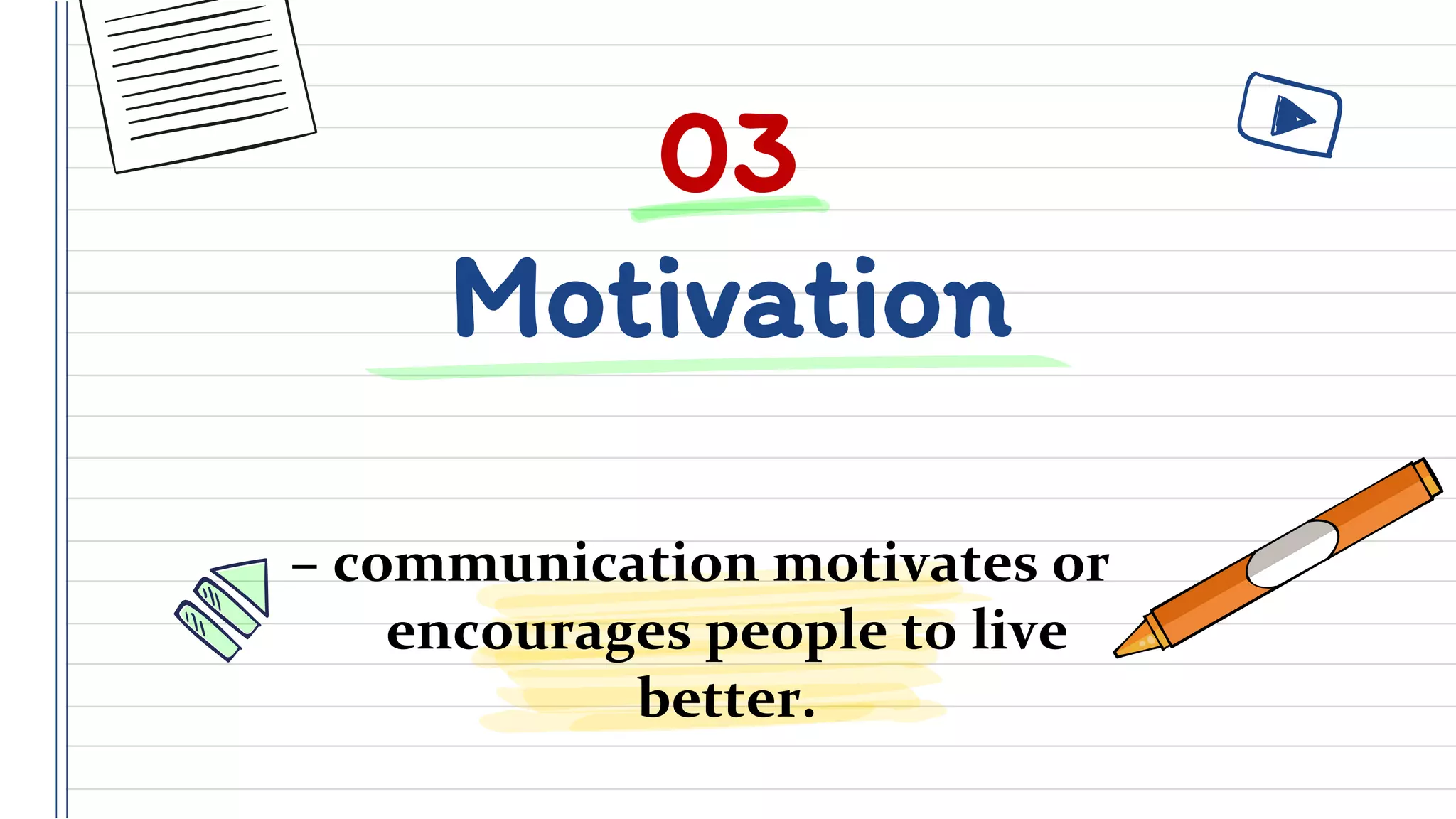 Motivation
– communication motivates or
encourages people to live
better.
03
 