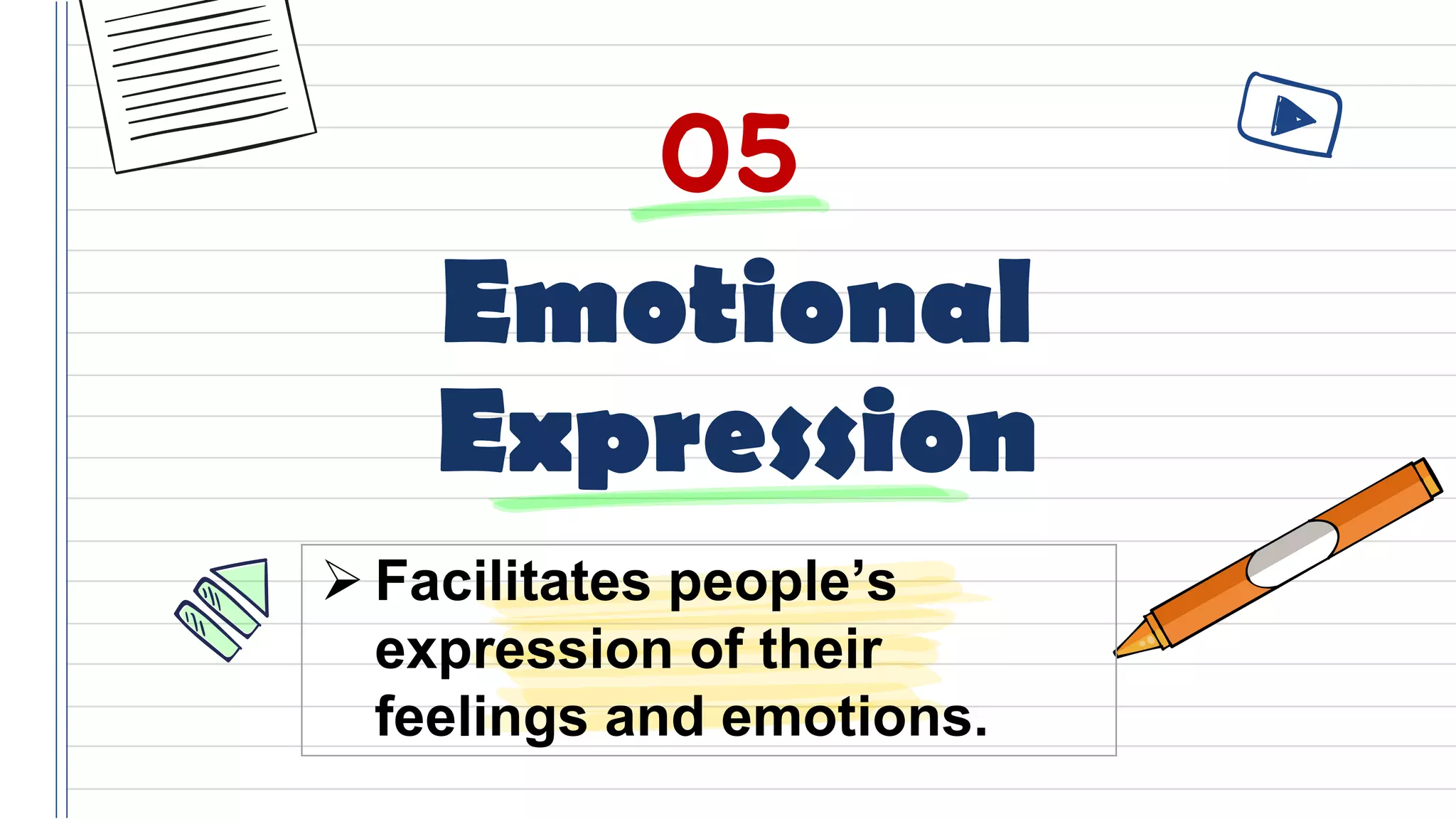 Emotional
Expression
05
➢ Facilitates people’s
expression of their
feelings and emotions.
 
