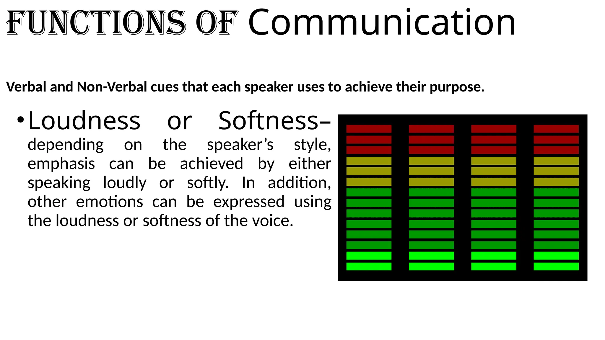 Functions of Communication
Verbal and Non-Verbal cues that each speaker uses to achieve their purpose.
•Loudness or Softness–
depending on the speaker’s style,
emphasis can be achieved by either
speaking loudly or softly. In addition,
other emotions can be expressed using
the loudness or softness of the voice.
 