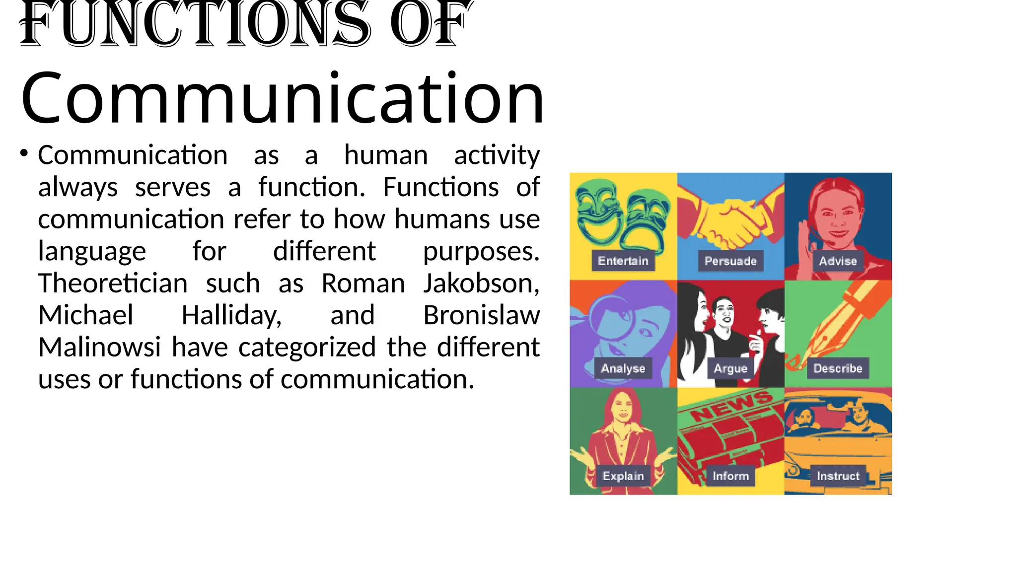 Functions of
Communication
• Communication as a human activity
always serves a function. Functions of
communication refer to how humans use
language for different purposes.
Theoretician such as Roman Jakobson,
Michael Halliday, and Bronislaw
Malinowsi have categorized the different
uses or functions of communication.
 