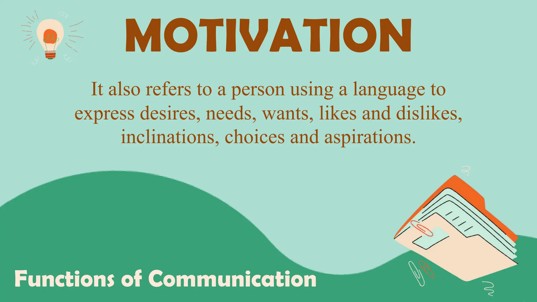 MOTIVATION
Functions of Communication
It also refers to a person using a language to
express desires, needs, wants, likes and dislikes,
inclinations, choices and aspirations.
 