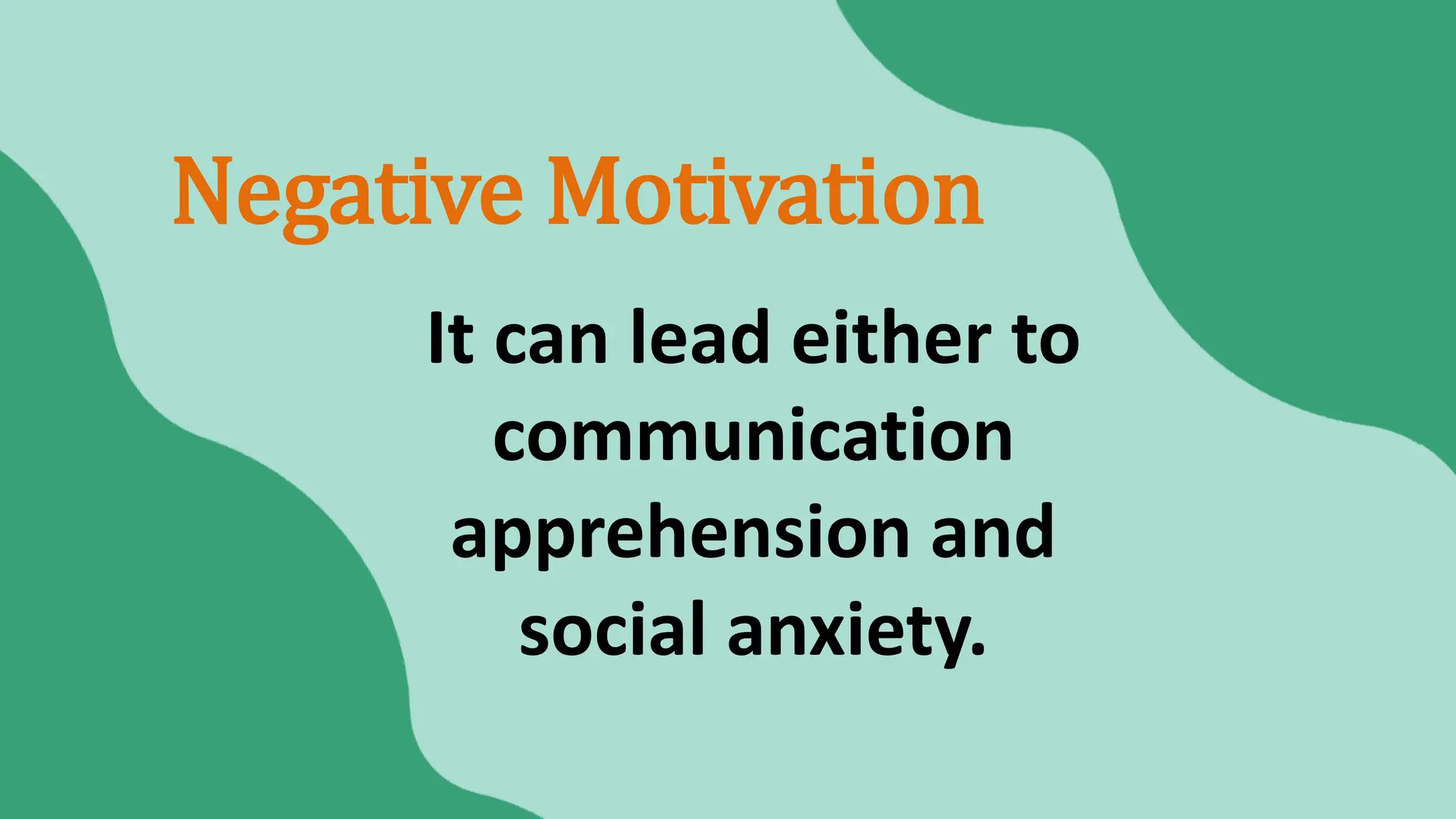 It can lead either to
communication
apprehension and
social anxiety.
Negative Motivation
 