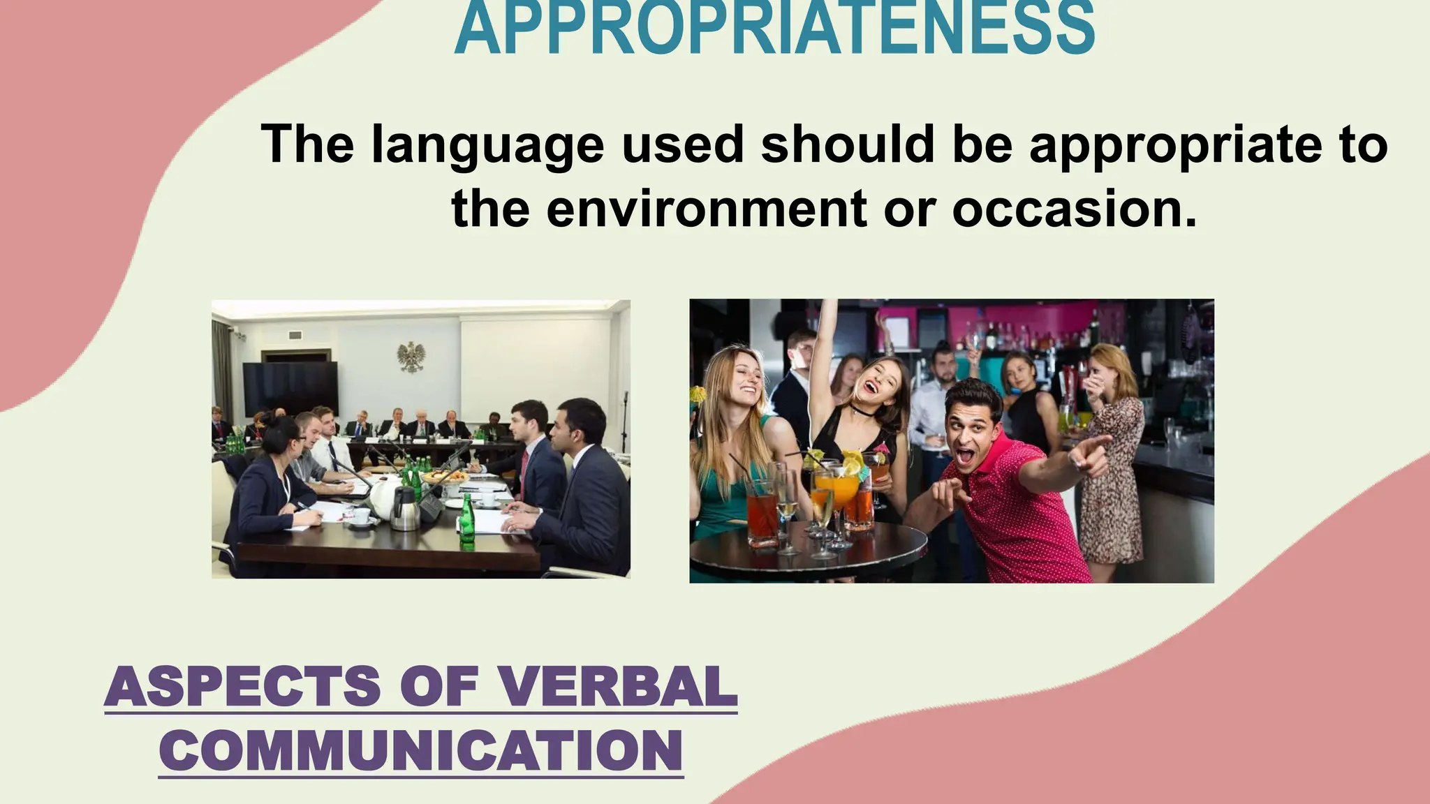ASPECTS OF VERBAL
COMMUNICATION
APPROPRIATENESS
The language used should be appropriate to
the environment or occasion.
 