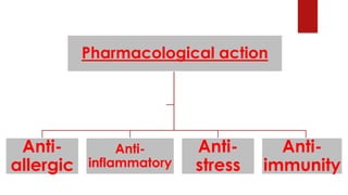 Pharmacological action
Anti-
allergic
Anti-
inflammatory
Anti-
stress
Anti-
immunity
 