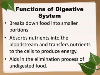 Functions of Digestive
System
• Breaks down food into smaller
portions
• Absorbs nutrients into the
bloodstream and transfers nutrients
to the cells to produce energy.
• Aids in the elimination process of
undigested food.
 