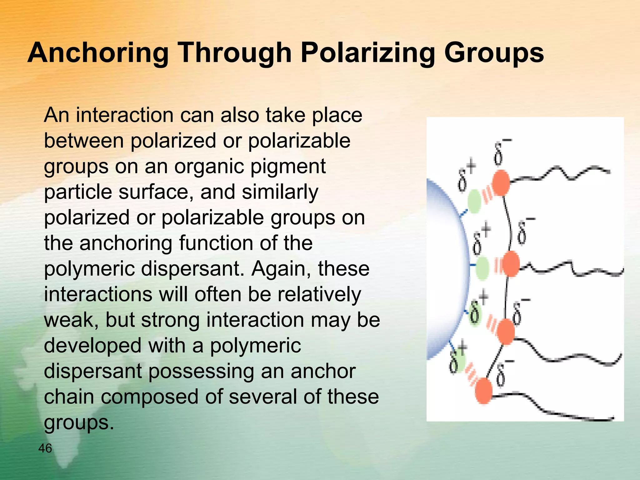 Anchoring Through Polarizing Groups
An interaction can also take place
between polarized or polarizable
groups on an organic pigment
particle surface, and similarly
polarized or polarizable groups on
the anchoring function of the
polymeric dispersant. Again, these
interactions will often be relatively
weak, but strong interaction may be
developed with a polymeric
dispersant possessing an anchor
chain composed of several of these
groups.
46
 