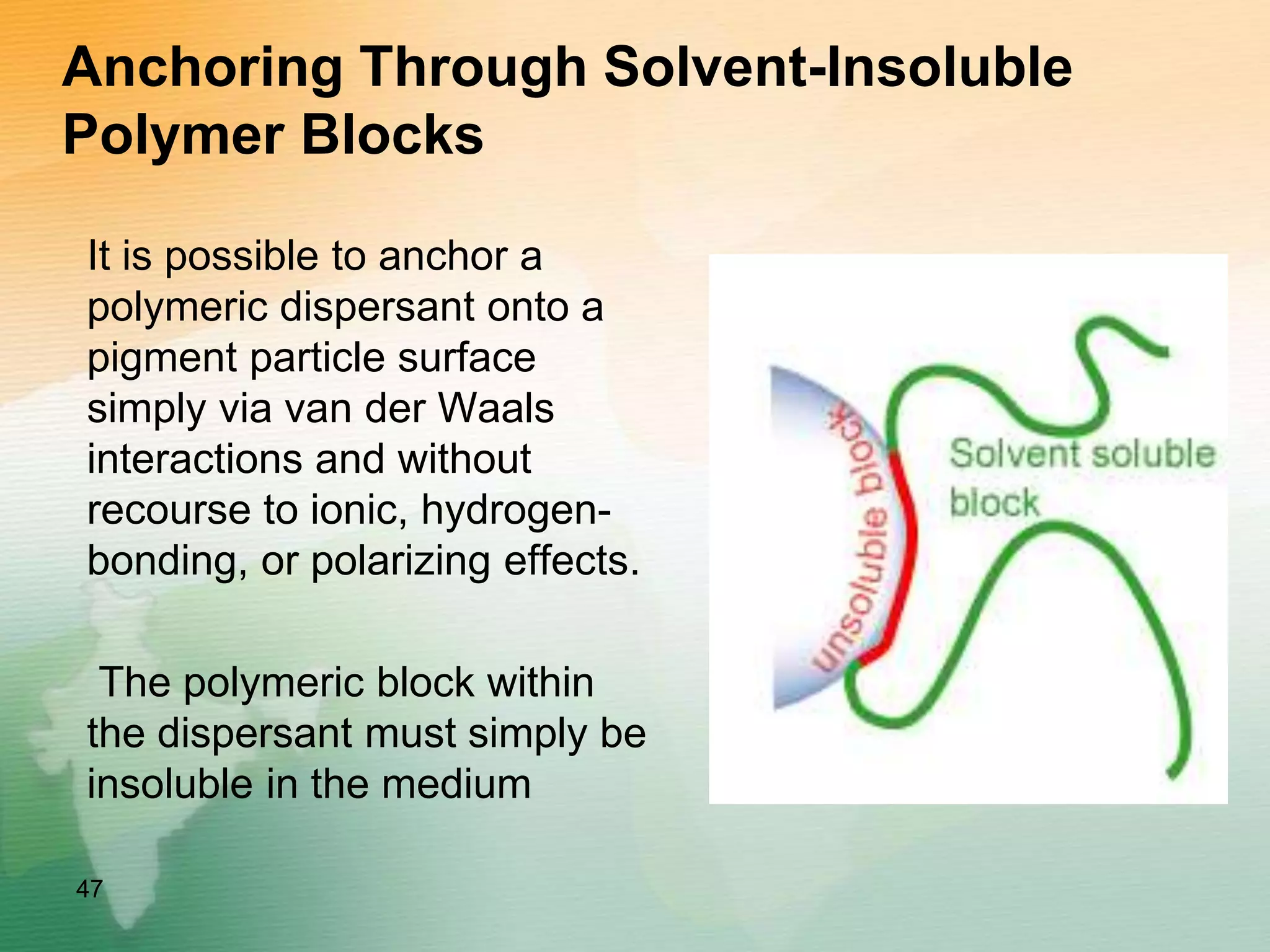 Anchoring Through Solvent-Insoluble
Polymer Blocks
It is possible to anchor a
polymeric dispersant onto a
pigment particle surface
simply via van der Waals
interactions and without
recourse to ionic, hydrogen-
bonding, or polarizing effects.
The polymeric block within
the dispersant must simply be
insoluble in the medium
47
 