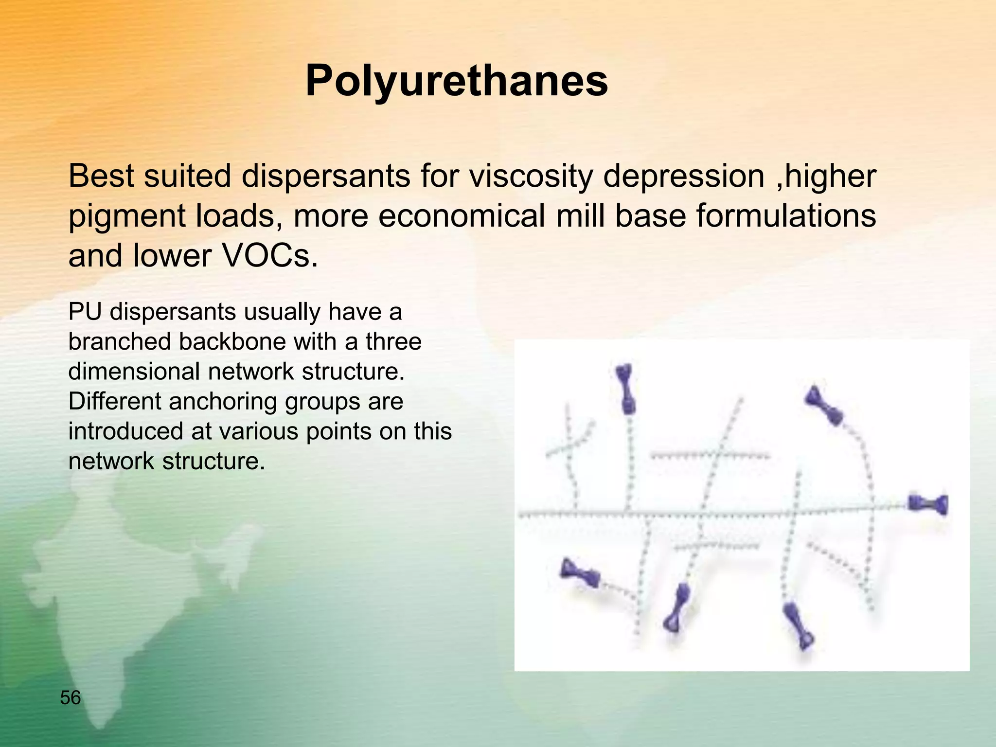 Polyurethanes
Best suited dispersants for viscosity depression ,higher
pigment loads, more economical mill base formulations
and lower VOCs.
56
PU dispersants usually have a
branched backbone with a three
dimensional network structure.
Different anchoring groups are
introduced at various points on this
network structure.
 