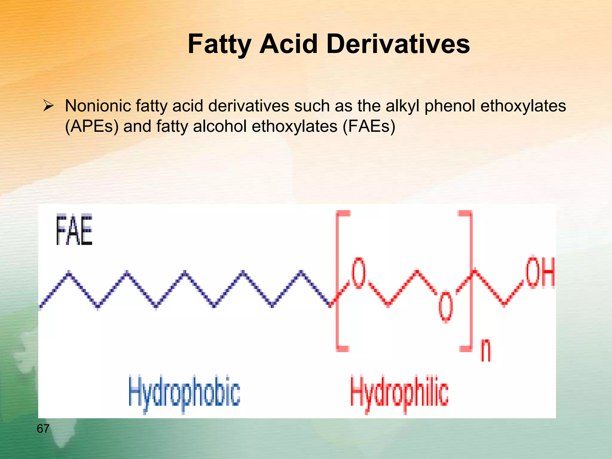 Fatty Acid Derivatives
 Nonionic fatty acid derivatives such as the alkyl phenol ethoxylates
(APEs) and fatty alcohol ethoxylates (FAEs)
67
 