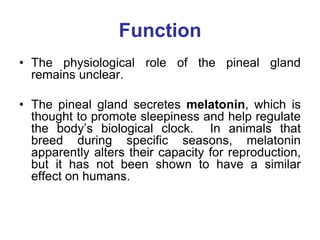 Function
• The physiological role of the pineal gland
remains unclear.
• The pineal gland secretes melatonin, which is
thought to promote sleepiness and help regulate
the body‟s biological clock. In animals that
breed during specific seasons, melatonin
apparently alters their capacity for reproduction,
but it has not been shown to have a similar
effect on humans.
 