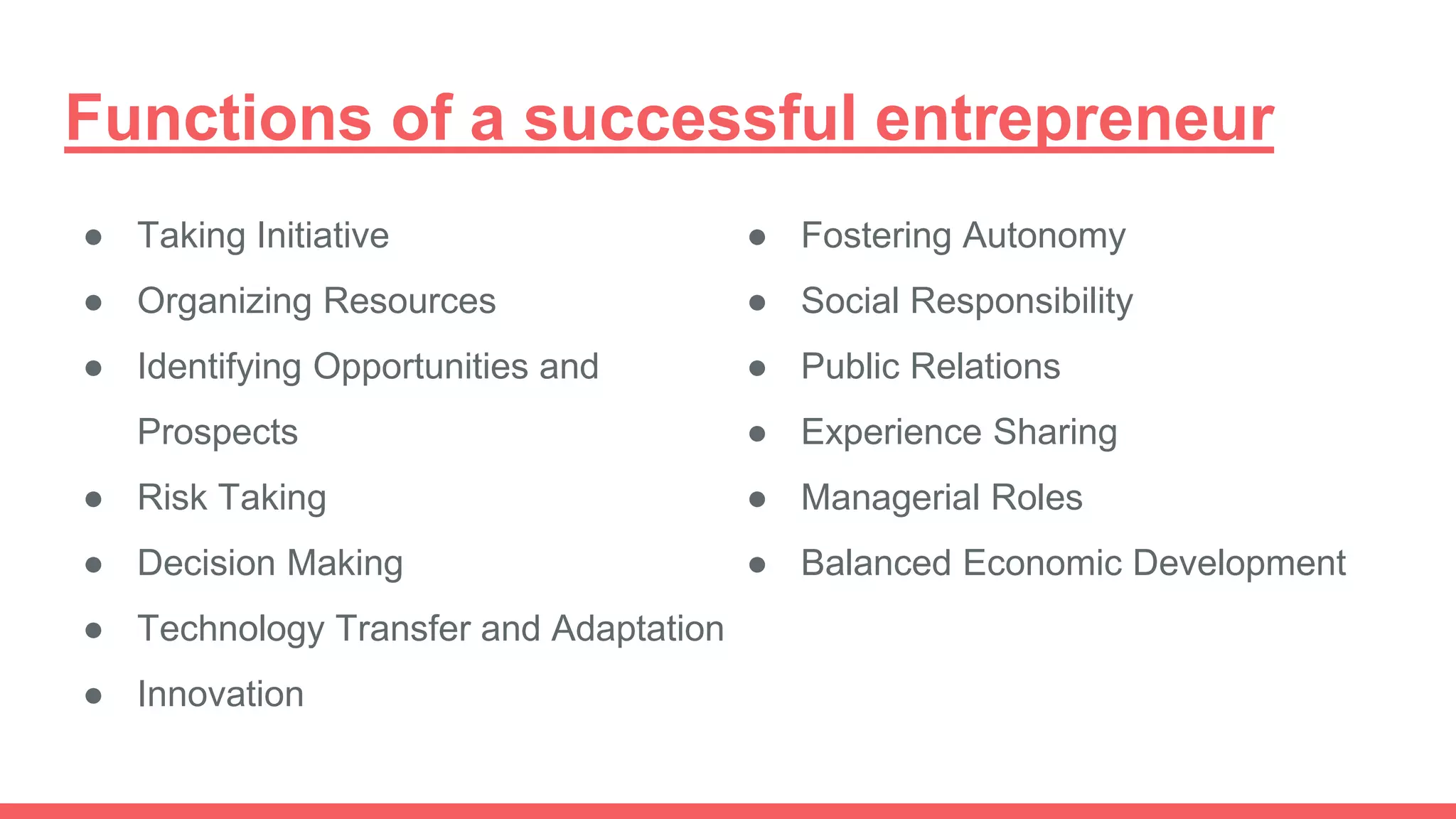 Functions of a successful entrepreneur
● Taking Initiative
● Organizing Resources
● Identifying Opportunities and
Prospects
● Risk Taking
● Decision Making
● Technology Transfer and Adaptation
● Innovation
● Fostering Autonomy
● Social Responsibility
● Public Relations
● Experience Sharing
● Managerial Roles
● Balanced Economic Development
 