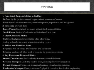 STAFFING
1. Functional Responsibilities in Staffing
•Defined by the project-oriented organizational structure of events.
•Roles depend on team structure, member expertise, experience, and background.
2. Influence of Firm Size
•Large Firms: Specialized personnel with defined responsibilities.
•Small Firms: Fusion of roles due to limited staff and time.
3. Ideal Candidate Profile
•Preferred backgrounds: hospitality, sales, advertising.
•Ability to handle stress and uncertainty during events.
4. Skilled and Unskilled Roles
•Requires a mix of skilled professionals and volunteers.
•Effective guidance of labor staff is essential for smooth operations.
5. Key Functional Responsibilities
•Overall Coordinator: Final authority for event-related decisions.
•Creative Manager: Leads the creative team, ensuring innovative execution.
•Project Manager: Focuses on conceptual success, critical during planning.
•Production Manager: Ensures the event's physical execution, involved from planning.
 