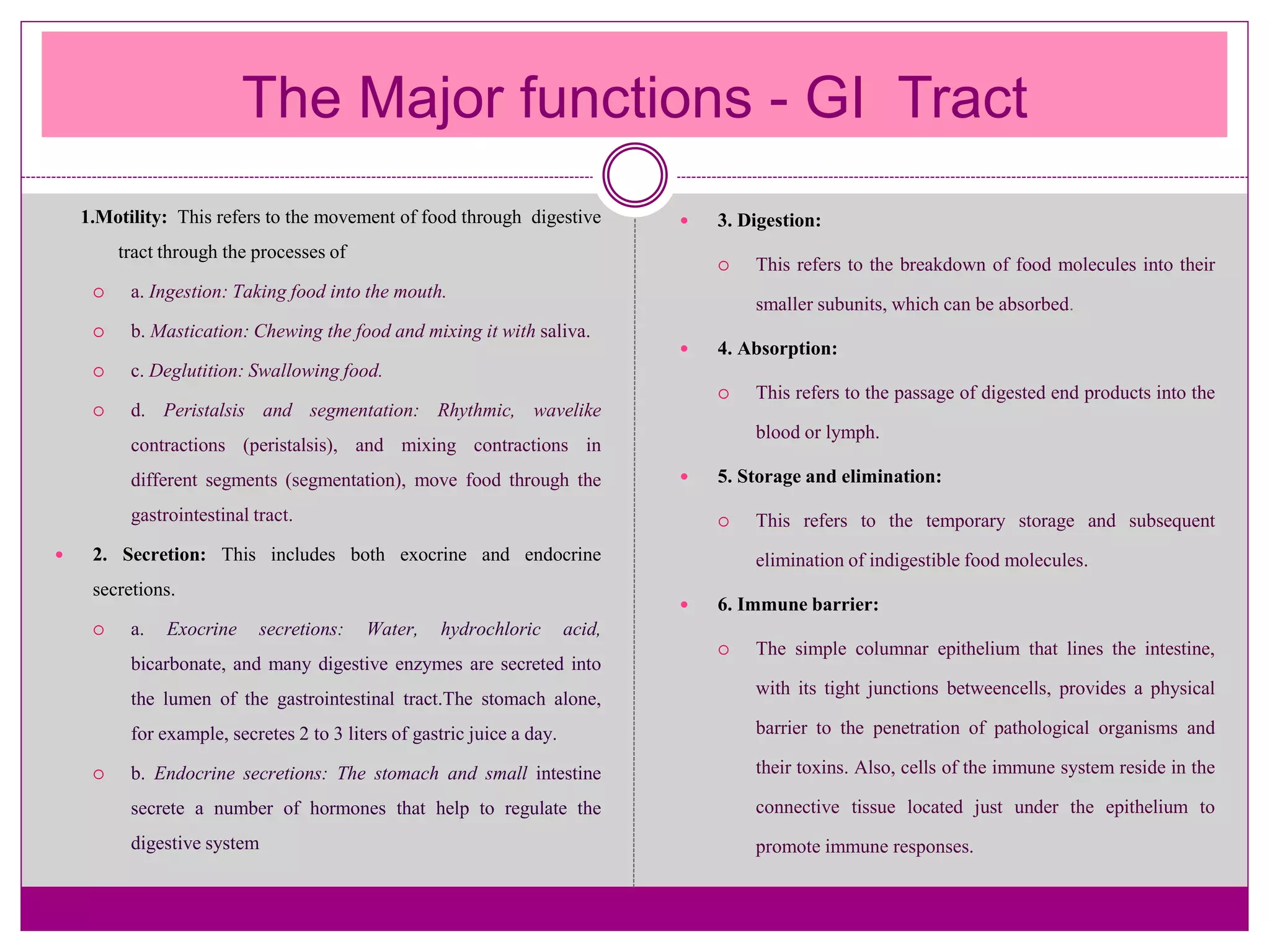 The Major functions - GI Tract
1.Motility: This refers to the movement of food through digestive
tract through the processes of
 a. Ingestion: Taking food into the mouth.
 b. Mastication: Chewing the food and mixing it with saliva.
 c. Deglutition: Swallowing food.
 d. Peristalsis and segmentation: Rhythmic, wavelike
contractions (peristalsis), and mixing contractions in
different segments (segmentation), move food through the
gastrointestinal tract.
 2. Secretion: This includes both exocrine and endocrine
secretions.
 a. Exocrine secretions: Water, hydrochloric acid,
bicarbonate, and many digestive enzymes are secreted into
the lumen of the gastrointestinal tract.The stomach alone,
for example, secretes 2 to 3 liters of gastric juice a day.
 b. Endocrine secretions: The stomach and small intestine
secrete a number of hormones that help to regulate the
digestive system
 3. Digestion:
 This refers to the breakdown of food molecules into their
smaller subunits, which can be absorbed.
 4. Absorption:
 This refers to the passage of digested end products into the
blood or lymph.
 5. Storage and elimination:
 This refers to the temporary storage and subsequent
elimination of indigestible food molecules.
 6. Immune barrier:
 The simple columnar epithelium that lines the intestine,
with its tight junctions betweencells, provides a physical
barrier to the penetration of pathological organisms and
their toxins. Also, cells of the immune system reside in the
connective tissue located just under the epithelium to
promote immune responses.
 