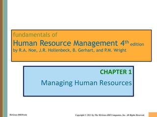 McGraw-Hill/Irwin Copyright © 2011 by The McGraw-Hill Companies, Inc. All Rights Reserved.
fundamentals of
Human Resource Management 4th
edition
by R.A. Noe, J.R. Hollenbeck, B. Gerhart, and P.M. Wright
CHAPTER 1
Managing Human Resources
 