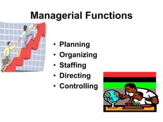 Managerial Functions
• Planning
• Organizing
• Staffing
• Directing
• Controlling
 