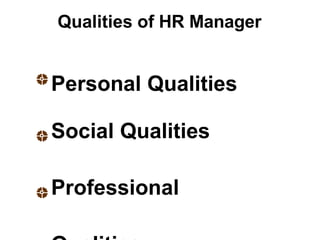 Qualities of HR Manager
Personal Qualities
Social Qualities
Professional
 