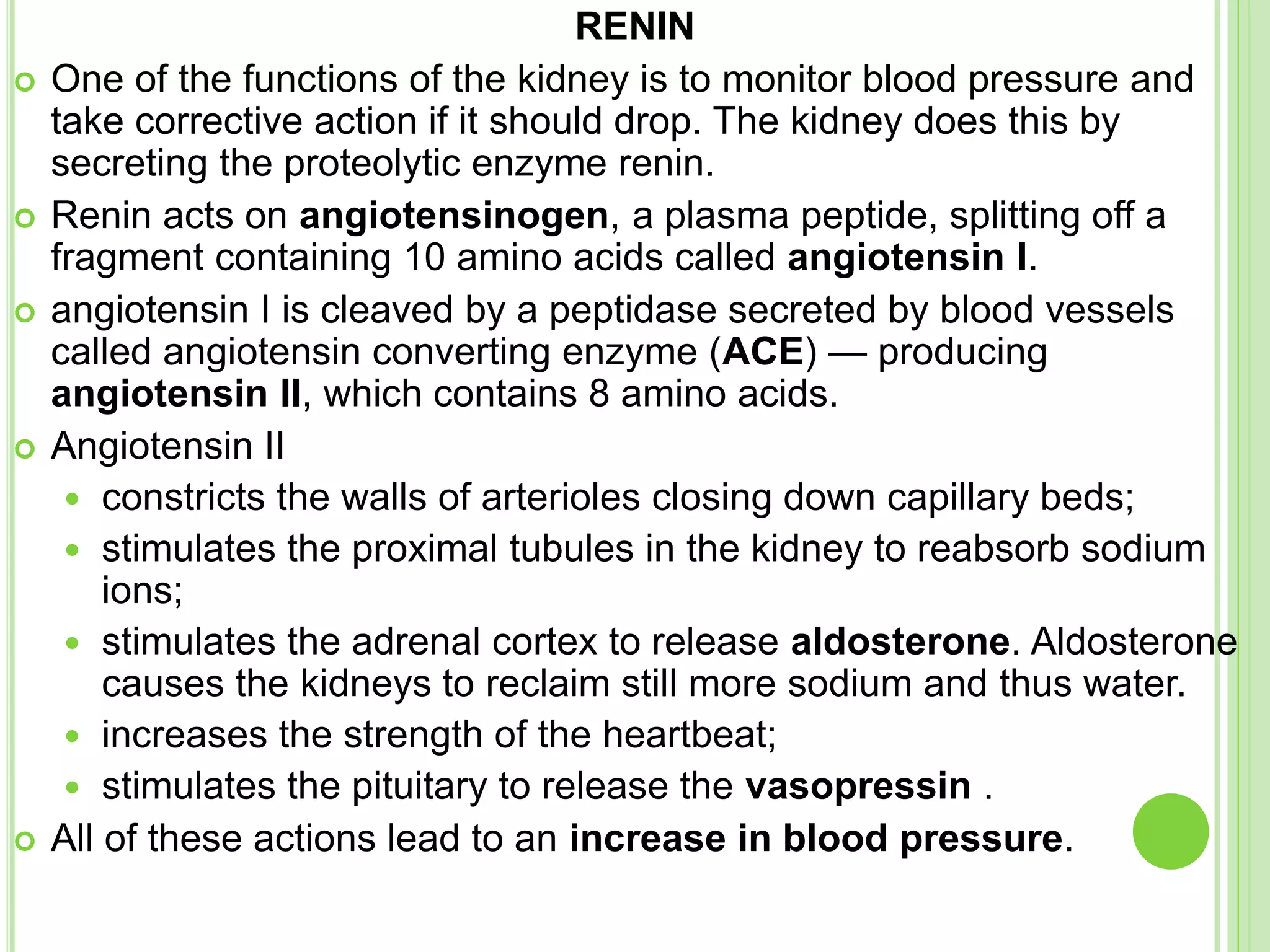 RENIN
 One of the functions of the kidney is to monitor blood pressure and
take corrective action if it should drop. The kidney does this by
secreting the proteolytic enzyme renin.
 Renin acts on angiotensinogen, a plasma peptide, splitting off a
fragment containing 10 amino acids called angiotensin I.
 angiotensin I is cleaved by a peptidase secreted by blood vessels
called angiotensin converting enzyme (ACE) — producing
angiotensin II, which contains 8 amino acids.
 Angiotensin II
 constricts the walls of arterioles closing down capillary beds;
 stimulates the proximal tubules in the kidney to reabsorb sodium
ions;
 stimulates the adrenal cortex to release aldosterone. Aldosterone
causes the kidneys to reclaim still more sodium and thus water.
 increases the strength of the heartbeat;
 stimulates the pituitary to release the vasopressin .
 All of these actions lead to an increase in blood pressure.
 