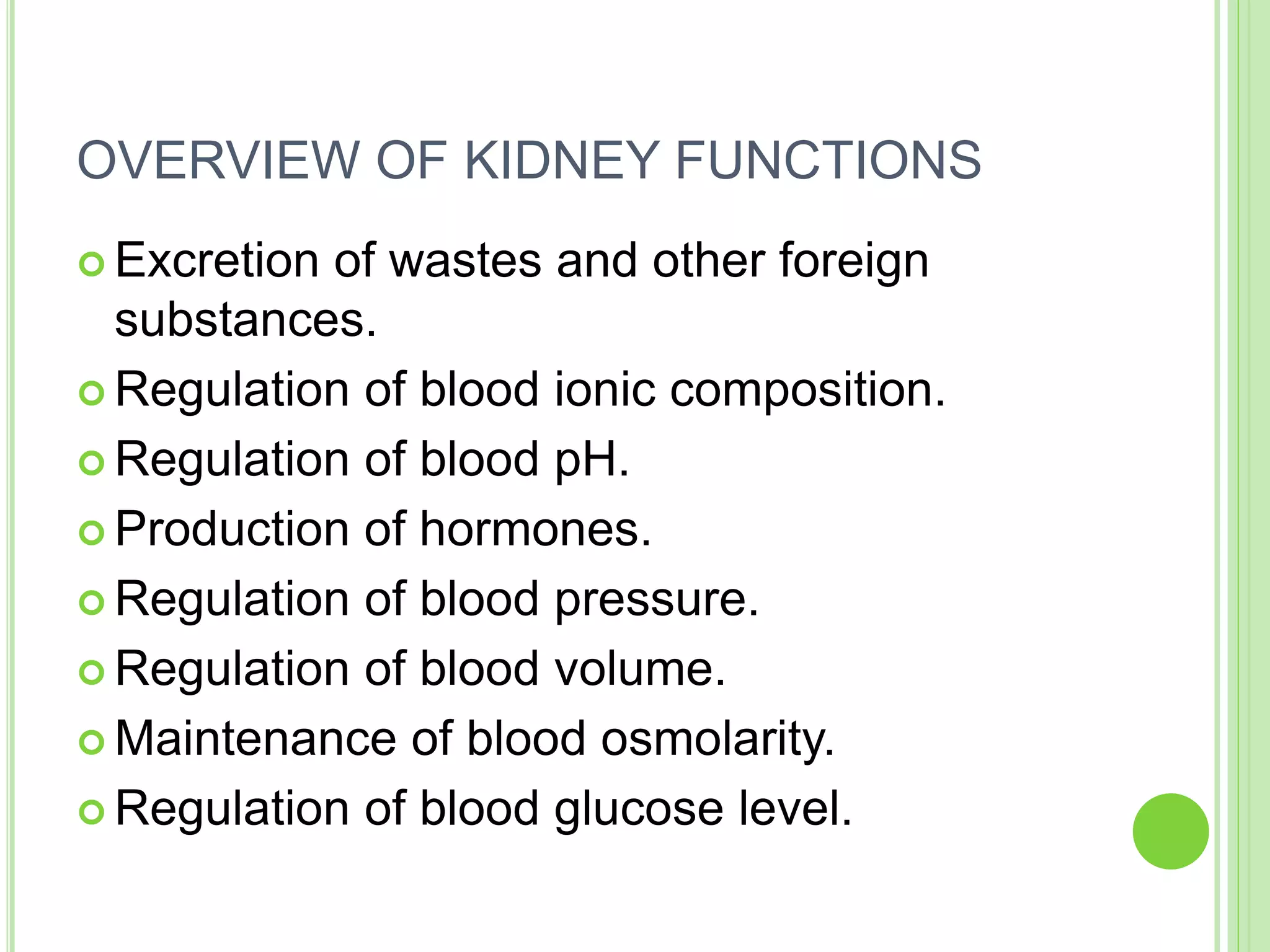 OVERVIEW OF KIDNEY FUNCTIONS
 Excretion of wastes and other foreign
substances.
 Regulation of blood ionic composition.
 Regulation of blood pH.
 Production of hormones.
 Regulation of blood pressure.
 Regulation of blood volume.
 Maintenance of blood osmolarity.
 Regulation of blood glucose level.
 