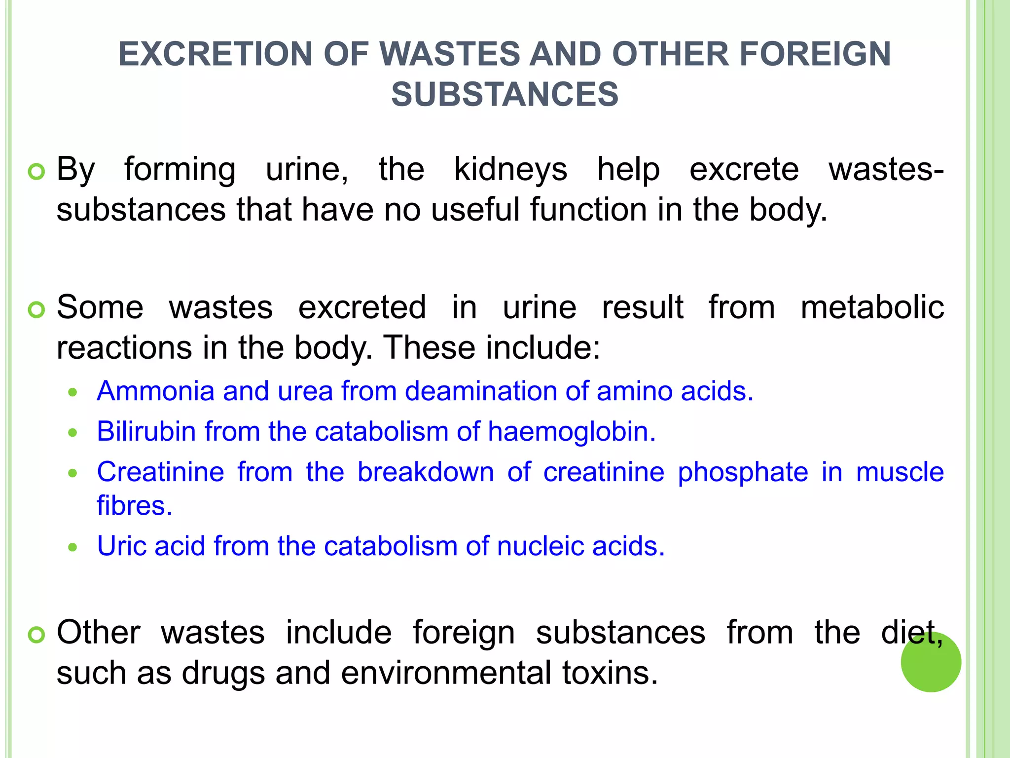 EXCRETION OF WASTES AND OTHER FOREIGN
SUBSTANCES
 By forming urine, the kidneys help excrete wastes-
substances that have no useful function in the body.
 Some wastes excreted in urine result from metabolic
reactions in the body. These include:
 Ammonia and urea from deamination of amino acids.
 Bilirubin from the catabolism of haemoglobin.
 Creatinine from the breakdown of creatinine phosphate in muscle
fibres.
 Uric acid from the catabolism of nucleic acids.
 Other wastes include foreign substances from the diet,
such as drugs and environmental toxins.
 