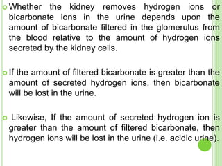  Whether the kidney removes hydrogen ions or
bicarbonate ions in the urine depends upon the
amount of bicarbonate filtered in the glomerulus from
the blood relative to the amount of hydrogen ions
secreted by the kidney cells.
 If the amount of filtered bicarbonate is greater than the
amount of secreted hydrogen ions, then bicarbonate
will be lost in the urine.
 Likewise, If the amount of secreted hydrogen ion is
greater than the amount of filtered bicarbonate, then
hydrogen ions will be lost in the urine (i.e. acidic urine).
 