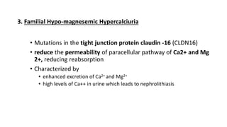 • Mutations in the tight junction protein claudin -16 (CLDN16)
• reduce the permeability of paracellular pathway of Ca2+ and Mg
2+, reducing reabsorption
• Characterized by
• enhanced excretion of Ca2+ and Mg2+
• high levels of Ca++ in urine which leads to nephrolithiasis
3. Familial Hypo-magnesemic Hypercalciuria
 