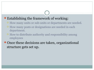 Establishing the framework of working:
 How many units or sub-units or departments are needed.
 How many posts or designations are needed in each
department.
 How to distribute authority and responsibility among
employees
Once these decisions are taken, organizational
structure gets set up.
 