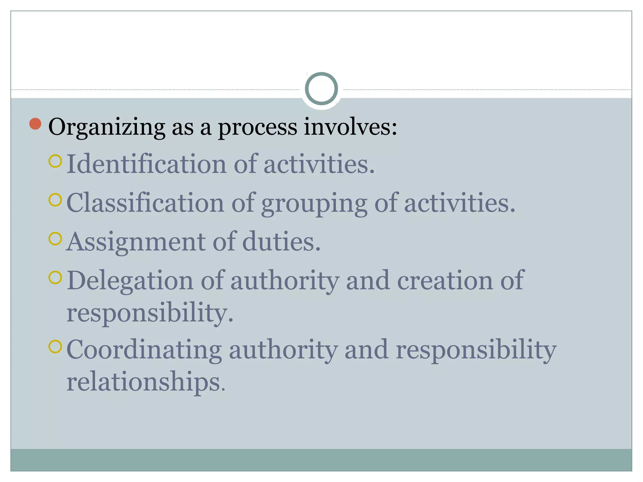 Organizing as a process involves:
Identification of activities.
Classification of grouping of activities.
Assignment of duties.
Delegation of authority and creation of
responsibility.
Coordinating authority and responsibility
relationships.
 