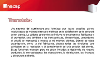 Una cadena de suministro está  formada  por  todas  aquellas  partes 
involucradas de manera directa o indirecta en la satisfacción de la solicitud 
de un cliente. La cadena de suministro incluye no solamente al fabricante y 
al proveedor, sino también a los transportistas, almacenistas, vendedores 
al  detalle  (o  menudeo)  e  incluso  a  los  mismos  clientes.  Dentro  de  cada 
organización,  como  la  del  fabricante,  abarca  todas  las  funciones  que 
participan  en  la  recepción  y  el  cumplimiento  de  una  petición  del  cliente. 
Estas funciones incluyen, pero no están limitadas al desarrollo de nuevos 
productos, la mercadotecnia, las operaciones, la distribución, las finanzas 
y el servicio al cliente.

 
