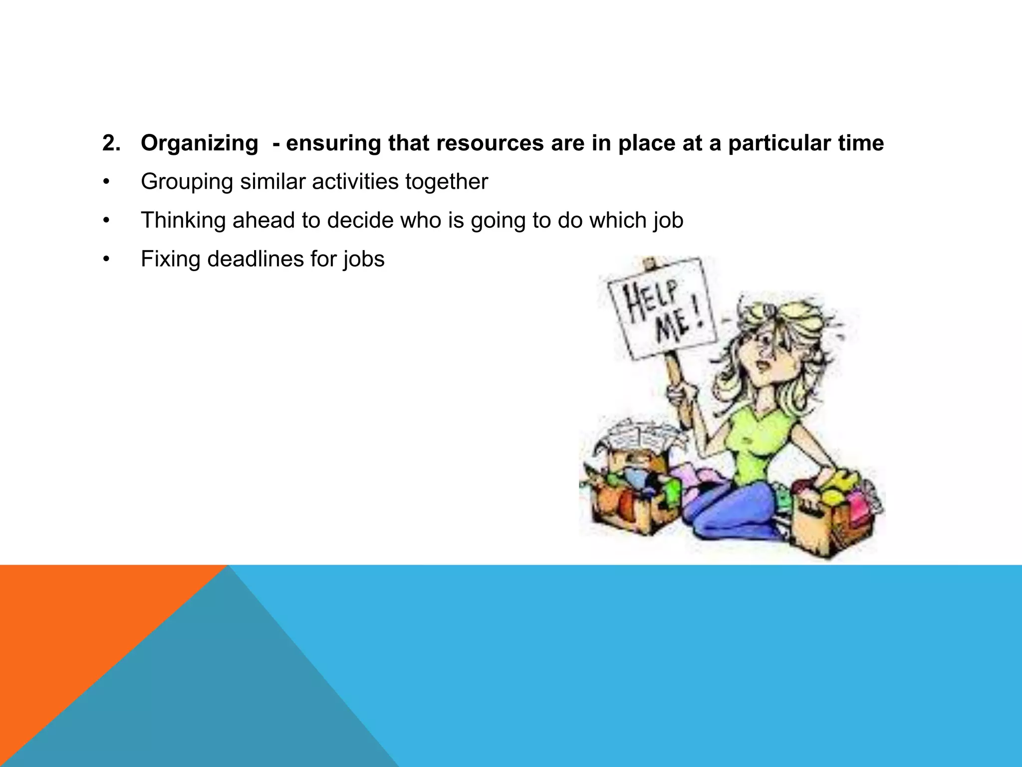 2. Organizing - ensuring that resources are in place at a particular time
• Grouping similar activities together
• Thinking ahead to decide who is going to do which job
• Fixing deadlines for jobs